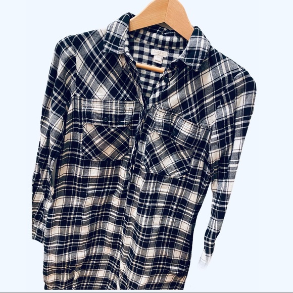 J Crew Black White Flannel Shirt Dress Plaid XXS - Picture 3 of 8